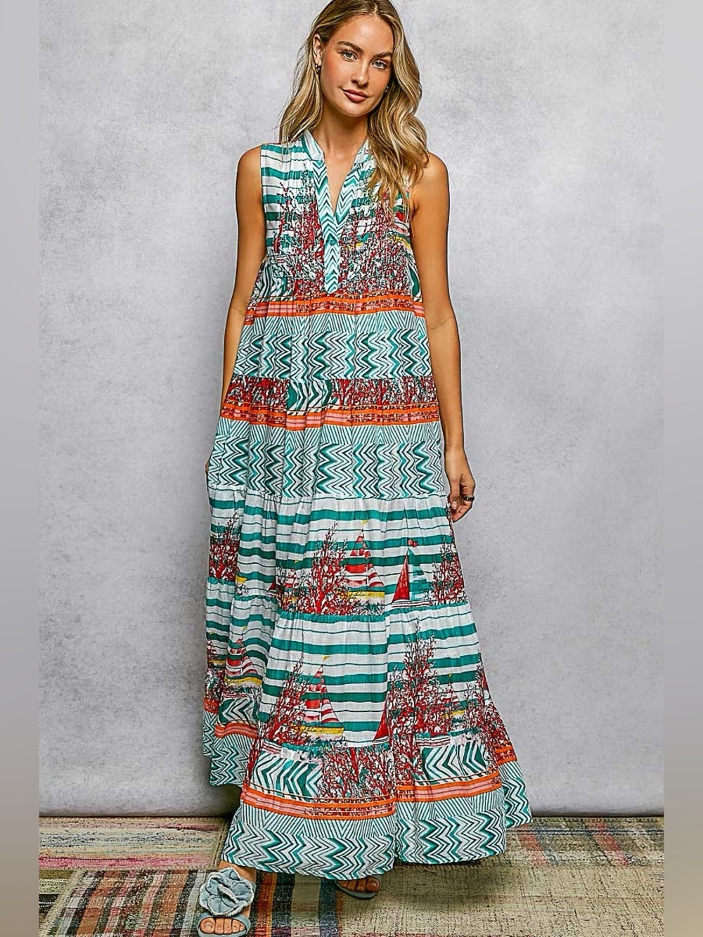 POL Medium Sleeveless Teal & Orange Striped Ocean Themed Maxi Dress